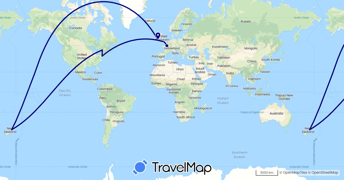 TravelMap itinerary: driving in Canada, France, United Kingdom, Ireland, New Zealand, United States (Europe, North America, Oceania)